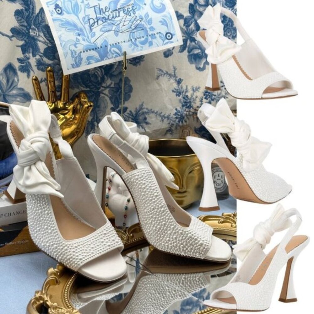 🆕 GIANNI BINI 🧿 NWOB Coray Pearl Embellished Satin Bow Slingback, Sz 7.5
